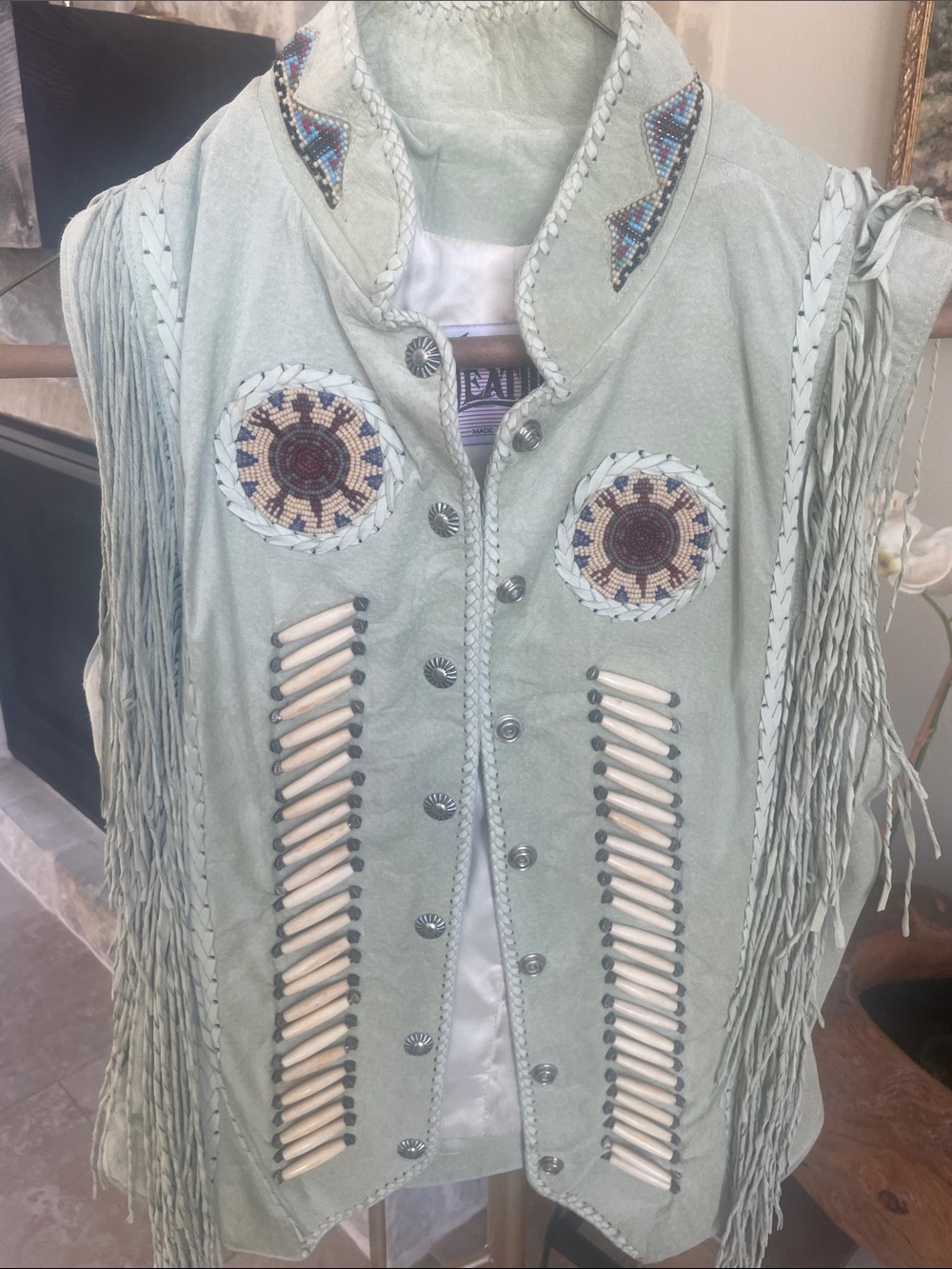 Light Mint Suede Beaded Fringe Vest